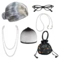ensemble de costume cosplay mamie 80s perruque grise lunettes œil de chat collier perles - Ensemble de Perruque Blanc Grisâtre (Avec Lunettes Oeil De Chat Strass Et Sac Brodé)