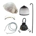 Ensemble de Costume Cosplay de Vieille Dame avec Perruque Lunettes Canne Sac Scène - Ensemble de Perruque Chignon Blanc Grisâtre (Avec Canne Et Sac Brodé)