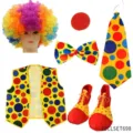 Colorful clown costume detail showing polka dot vest, rainbow wig, bow tie and funny shoes. - 22CLSET698