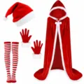 Kerst kostuum set met rode capuchon mantel, kerstmuts, handschoenen en gestreepte kousen. - Eén maat / Mantel Kostuum Set
