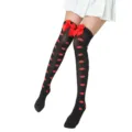 Black over-the-knee thigh high stockings with red lip print and sweet bow for cosplay party - One Size / Black Red Lip Print Stockings With Red Bow