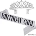 Zilveren strass tiara en verjaardag meisje glitter sjaal set voor feest decoratie. - BIRTHDAY GIRL(BI0713W21-1) / Zilver