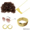 70s Disco Party Costume Set with Brown Afro Wig Gold Necklace Sunglasses Earrings and Headband - PESET321C23