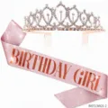 Roze Goud Verjaardag Tiara en Sjerp Set Strass Kroon Meisje Feest Benodigdheden - BIRTHDAY GIRL(BI0713W21-2) / Roze