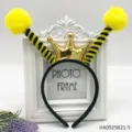 Cute bee costume headband featuring yellow pom poms and shiny gold crown for party. - One Size / HA0925B21-5