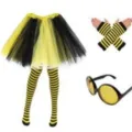 Bee costume set with tutu skirt, striped stockings, arm warmers and yellow sunglasses. - One Size / BE617SET24B