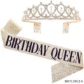 Geburtstag Tiara und Glitzer Schärpe Set Gold Strass Krone Party Haarreif für Damen - BIRTHDAY QUEEN(BI0713W21-6)