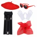 Halloween cosplay costume accessory set including red beret, sunglasses, gloves and scarf. - One Size / Party Set (24CLSET597)