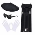 Gedetailleerd overzicht van de Halloween cosplay kostuumset, met zwarte baret, zonnebril en bretels. - Eén maat / Zwarte Set (24CLSET498BK)