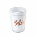 White plastic bridal party cup with elegant rose gold Bride text and ring detail. - Bride To Be / White