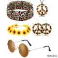 60s Hippie Kostuum Accessoires Set Luipaard Hoofdband Vredesteken Ketting Oorbellen Zonnebril - Luipaard Zonnebloem Set (PE0914F22)