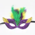 Mardi Gras sequin mask with feathers party carnival masquerade costume accessory. - Three-Color Feather Style A - Purple