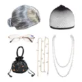 Ensemble de costume de vieille femme avec perruque argentée lunettes collier de perles - Ensemble de Perruque Gris Argent (Avec Lunettes +1,5 Degré Et Sac À Main Brodé)