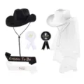 Junggesellenabschied schwarz weiß Cowboyhut Schleier Braut Schärpe Anstecker Set Details - Vollständiges Set / Schwarz Weiß