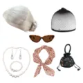 Ensemble de cosplay mamie perruque chignon gris lunettes léopard et kit bijoux perles - Ensemble de Perruque Chignon Blanc Grisâtre (Avec Lunettes Léopard Foulard Et Sac Brodé)