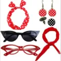 50s retro vrouwen feest kostuum set met rode stippen haarband kattenoog bril en sjaal - Rood 5-Delige Set(G100283)