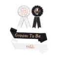 Junggesellenabschied Braut Bräutigam Schärfe Rosette Set, schwarz weiße Hochzeitsfeier Deko Zubehör. - Schärpe und Abzeichen Set / Schwarz Weiß