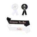 Junggesellinnenabschied Braut und Bräutigam Schärpe und Rosette Set in Schwarzweiß. - Schärfe und Korsage Set / Weiß