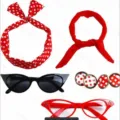 50s vintage vrouwen feest kostuum set stippen haarband cat eye zonnebril accessoires - Rood-Zwarte 5-Delige Set(22PESET800RD)