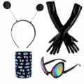 Detail van buitenaards kostuum met grappige antenne hoofdband en lange zwarte handschoenen. - Alien Vierdelige Set
