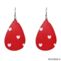 Red teardrop leather earrings with white hearts, cute Valentine's Day jewelry for women. - Red and White Heart Print Teardrop Earrings (HE1030GR-8)