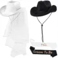 Junggesellenabschied weißer schwarzer Western Cowboyhut Schleier Schärpe Set für Braut. - Vollständiges Set / Schwarz Weiß