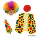 Conjunto de disfraz de payaso colorido con peluca arcoiris, nariz roja, chaleco y corbata. - 21CLSET403 Conjunto de Cuatro Piezas