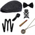 1920s heren gangster kostuum set visgraat platte pet bretels strikje neppe snor sigaar - Vintage Newsboy Pet Set (PE1012C21-4)