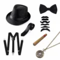 Gedetailleerd overzicht van de jaren 20 heren gangster kostuum accessoireset met hoed. - Fedora Hoed en Vlinderdas Set (PE1207SET23B)