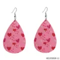 Pink leather teardrop earrings with cute red heart prints and silver fishhook hooks. - Pink Heart Print Teardrop Earrings (HE1030GR-11)