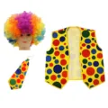 Set de disfraz de payaso colorido con peluca afro de arcoiris, chaleco de lunares y corbata. - 21CLSET403C Conjunto de Tres Piezas