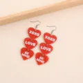 Red glitter heart dangle earrings with letter print, stylish Valentine's day jewelry SKU. - Red Glitter Letter Triple Heart Earrings (Red QR1125Z23Z-7)
