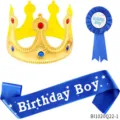 Birthday boy party set including gold crown rosette badge and blue fabric sash decorations. - Birthday Set(BI1020Q22)