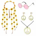 Retro 60s hippie party sunflower headband pink round sunglasses peace sign jewelry set detail - Beaded Sunflower Set (MD0905D22-1)
