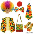Colorful clown costume set with rainbow wig, polka dot vest, tie, shoes, and funny props. - 22CLSET798