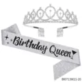Silberner Glitzer Birthday Queen Schärpe und funkelnde Strass Tiara Krone Set für Frauen Party. - Birthday Girl(BI0713W21-20)