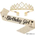 Goldene Geburtstag Krone Tiara und Glitzer Schärpe Set für Damen Party Deko Zubehör - Birthday Girl(BI0713W21-21)