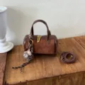 Brown suede color-blocked Boston bag, stylish top-handle handbag and crossbody bag for women. - With Pendant Style / Brown With Pendant