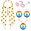 60s Hippie Kostuum Set Zonnebloem Hoofdband Zonnebril Vredesteken Ketting Oorbellen - Roze Bril Zonnebloem Set (MD0905D22-3)