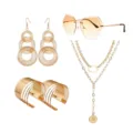 1970s disco hippie party gold jewelry set with multi-circle earrings, cuff bracelet and sunglasses - Set 6