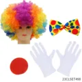 Halloween clown costume set with colorful afro wig, polka dot bow tie, gloves, and red nose. - 23CLSET498