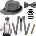 1920s Heren Gangster Kostuum Accessoires Fedora Hoed Bretels Strik Sigaar Snorren Set - Grijs Fedora Hoed Set (PE1012E21-5)