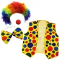 Colorful clown costume set including rainbow wig, red nose, bow tie and polka dot vest. - 23CLSET499