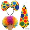 Clown costume set, rainbow afro wig, polka dot bow headband and matching tie for adult party cosplay. - CLSET1A
