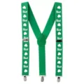 Green Y-back suspenders with white clover print, adjustable elastic straps and metal clips. - One Size / Shamrock Suspenders