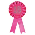 Stunning pink satin rosette badge featuring sparkling rhinestone number eighteen for birthday party - 18th Birthday Badge(BIB9500RE)