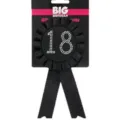 Black 18th birthday rosette badge with rhinestones and ribbon backing card setup. - 18th Birthday Badge(BIB9500BK)