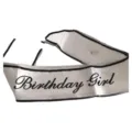 White birthday sash for women party celebration with black sequin trim and birthday girl text. - One Size / 19BIT9900WTBK