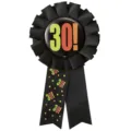 Black 30th birthday ribbon rosette badge pin party celebration decoration favor supply item - 30th Birthday Badge(17BIB9501BK)