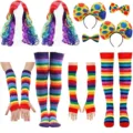 Rainbow clown costume set including striped socks, gloves, wig, headband and bow tie. - CL818SET23